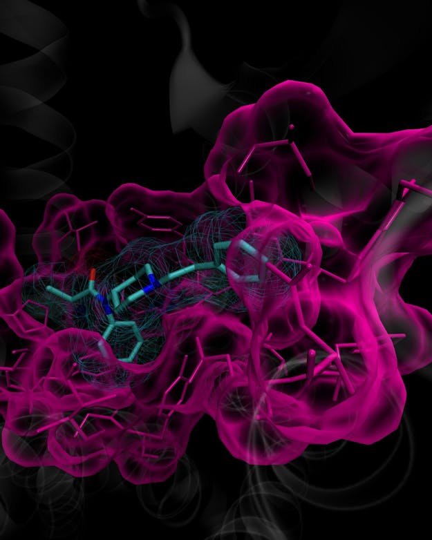 Simulatie van een blauw molecuul in een roze groter molecuul. Simulatie van een blauw molecuul in een roze groter molecuul.