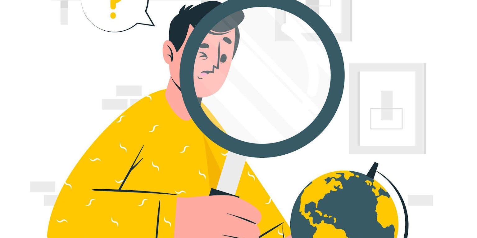 Een illustratie van een man die onze planeet onder de loep neemt.