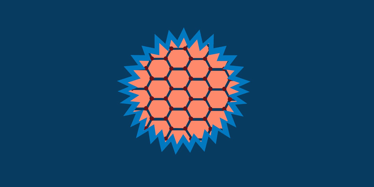 Een stervormig logo met daarin een illustratie van een zeshoekige moleculaire structuur.