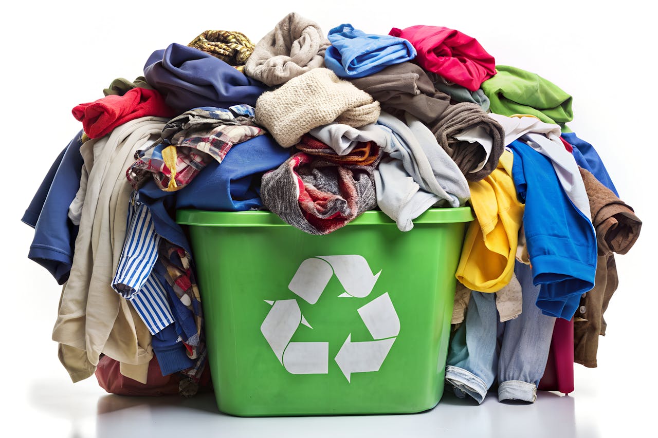 Modekolonialisme brengt hoge kosten met zich mee voor het milieu, de maatschappij en de economie buiten Europa. berg met kleding in recyclingbak