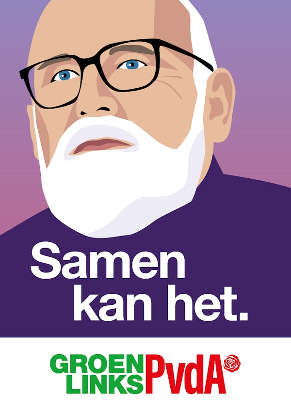 Poster van GroenLinks-PvdA met daarom een getekend gezicht van Frans Timmersman met daaronder de tekst Samen kan het.