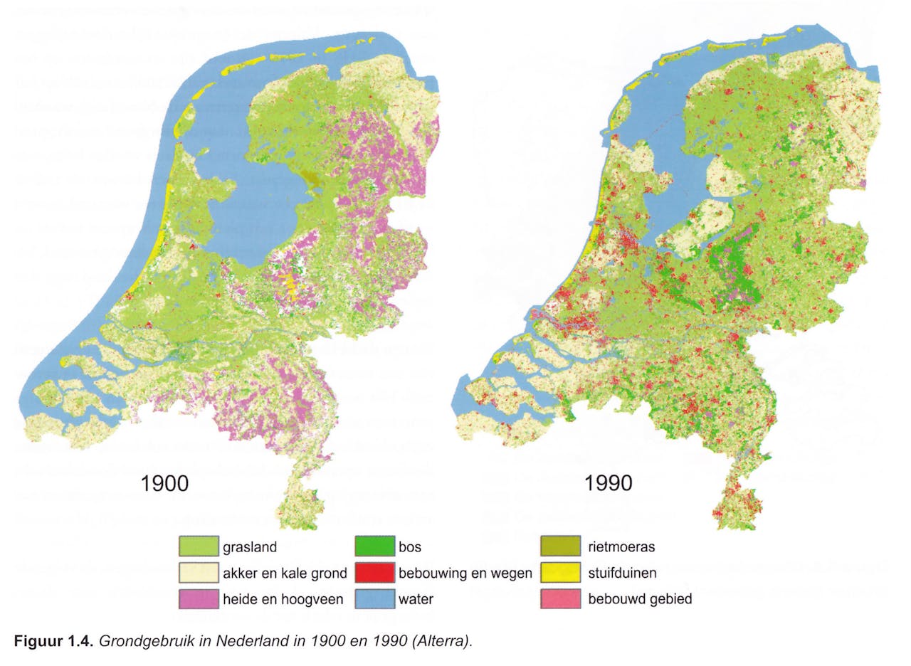 De kaart van het historisch grondgebruik in Nederland in 1900 en 1990.