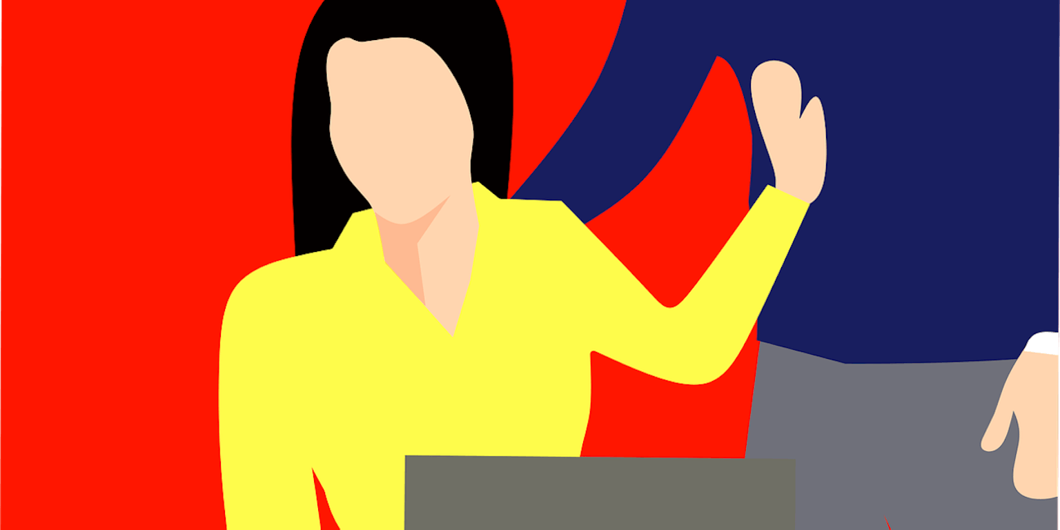 Een kleurrijke illustratie van een vrouw en een man aan een bureau.