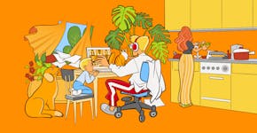 Een cartoonillustratie van een gezin wat een thuiswerksituatie symboliseert. Een man werkt op een laptop aan de keukentafel, met huisdieren en een kind om zich heen. De vrouw staat in de keuken te koken.