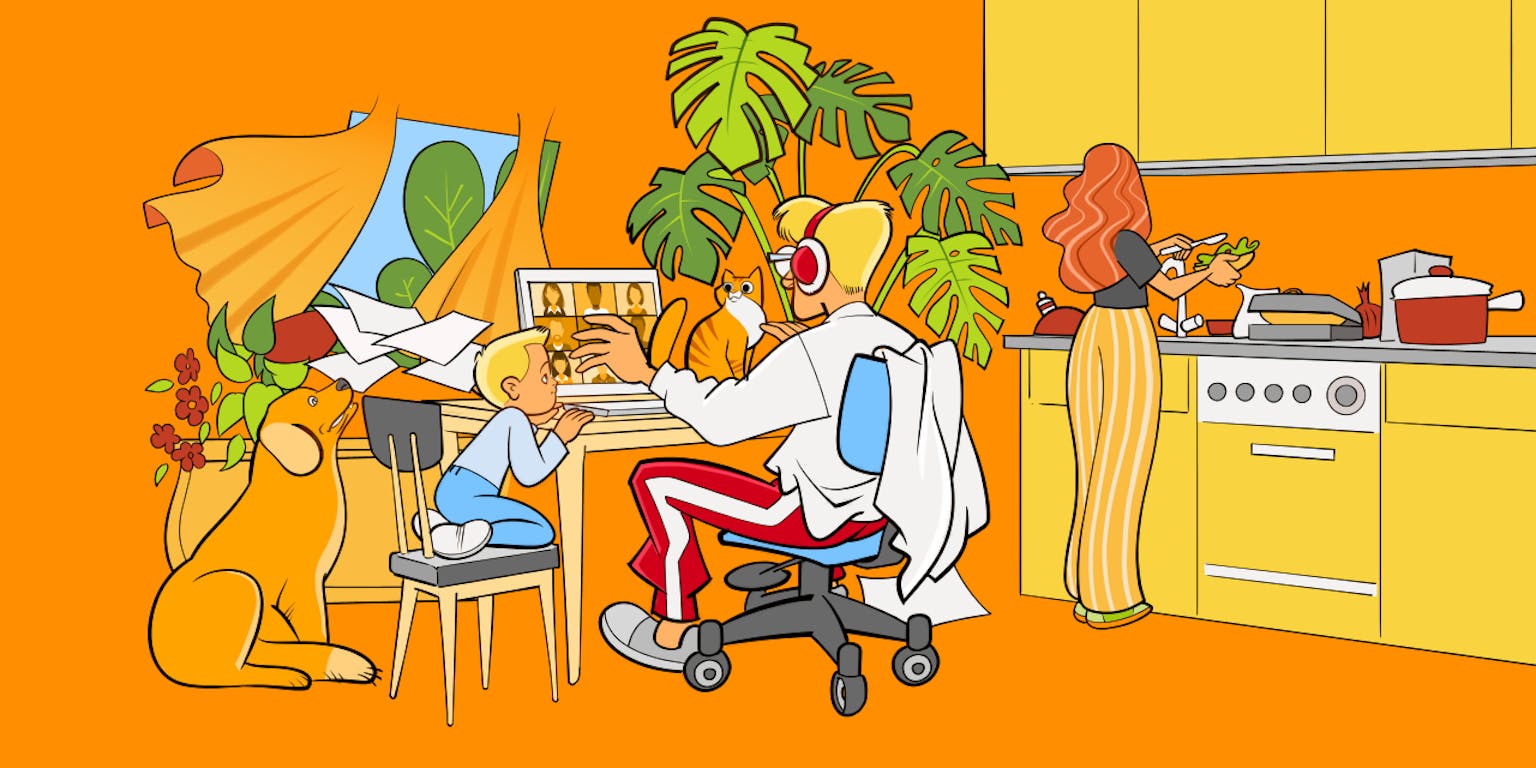 Een cartoonillustratie van een gezin wat een thuiswerksituatie symboliseert. Een man werkt op een laptop aan de keukentafel, met huisdieren en een kind om zich heen. De vrouw staat in de keuken te koken.