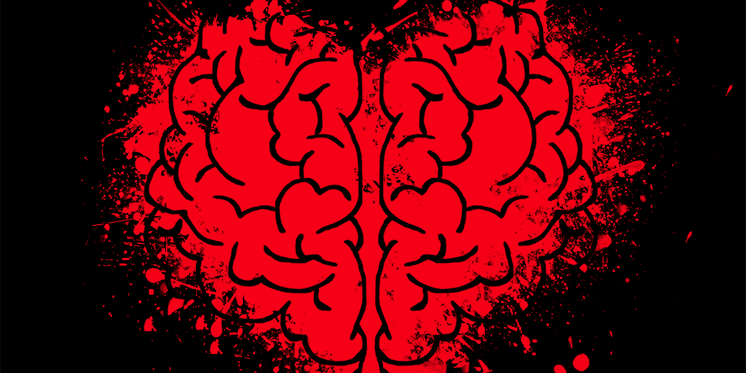 Een rood hartvormig brein op een zwarte achtergrond.