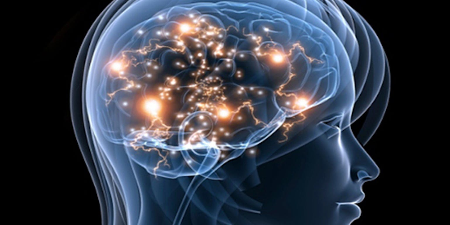 Een afbeelding van een hoofd met een gloeiend brein.