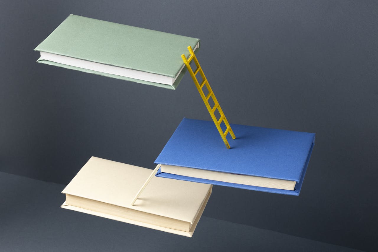 Wil je filosofie studeren of als filosoof werken, dan moet je van een omweggetje houden. kleurrijke boeken met ladders ertussen