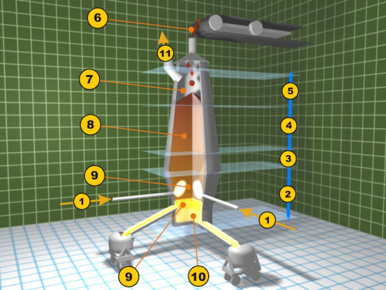 Een 3D-model van een raket met verschillende onderdelen.