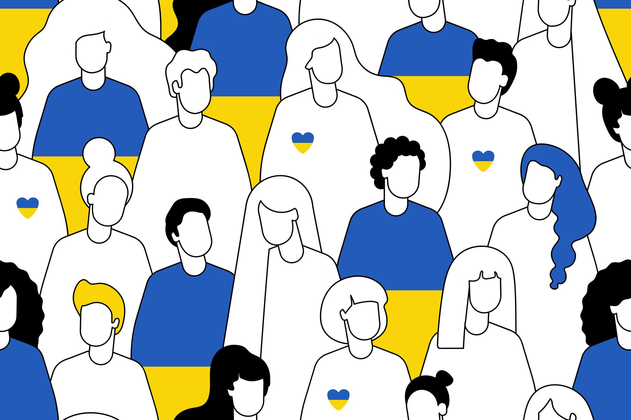 Een illustratie van vluchtelingen uit Oekraïne.