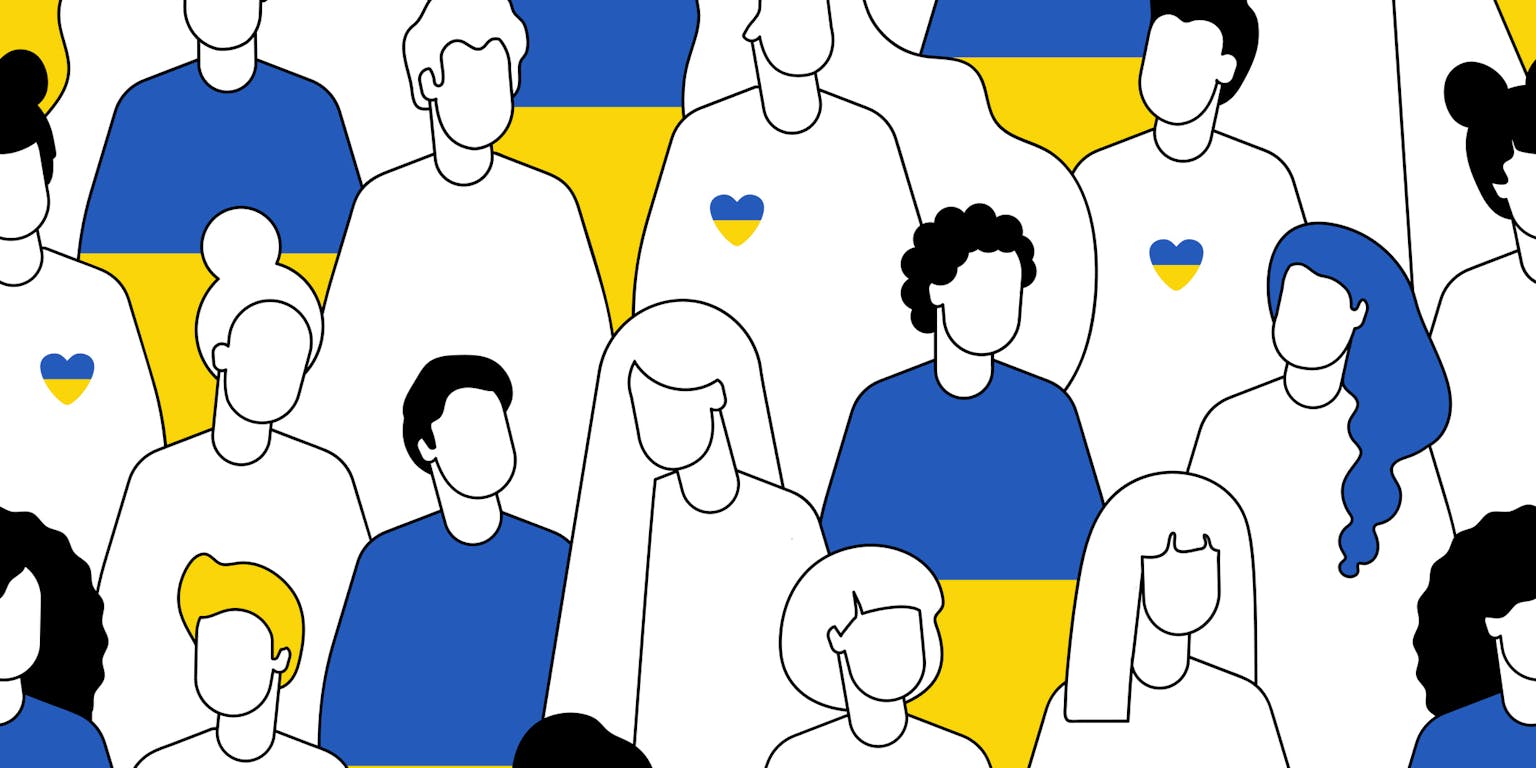 Een illustratie van vluchtelingen uit Oekraïne.