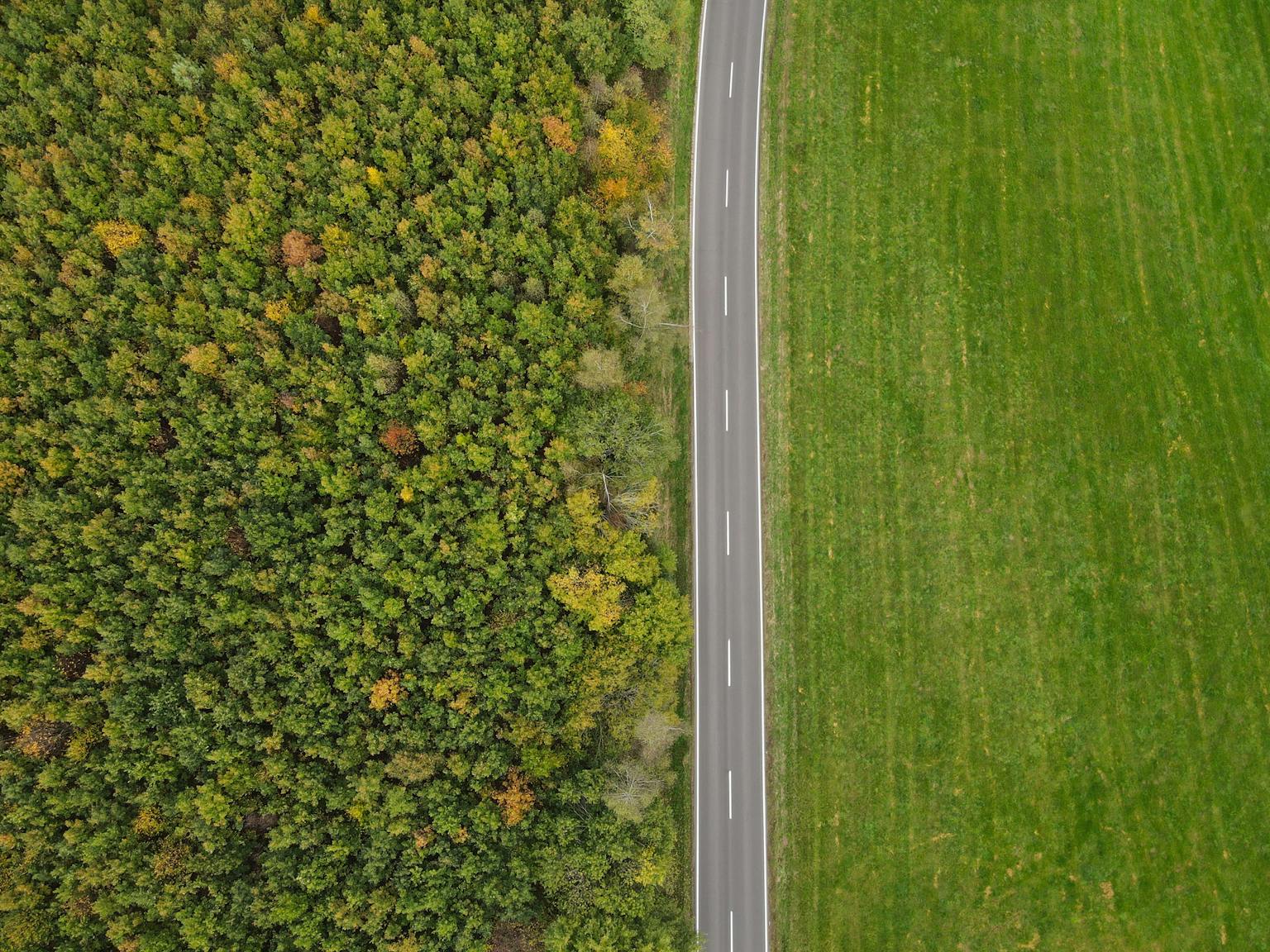 Een luchtfoto van een weg tussen het bos en een stuk land.