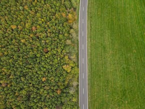 Een luchtfoto van een weg tussen het bos en een stuk land.