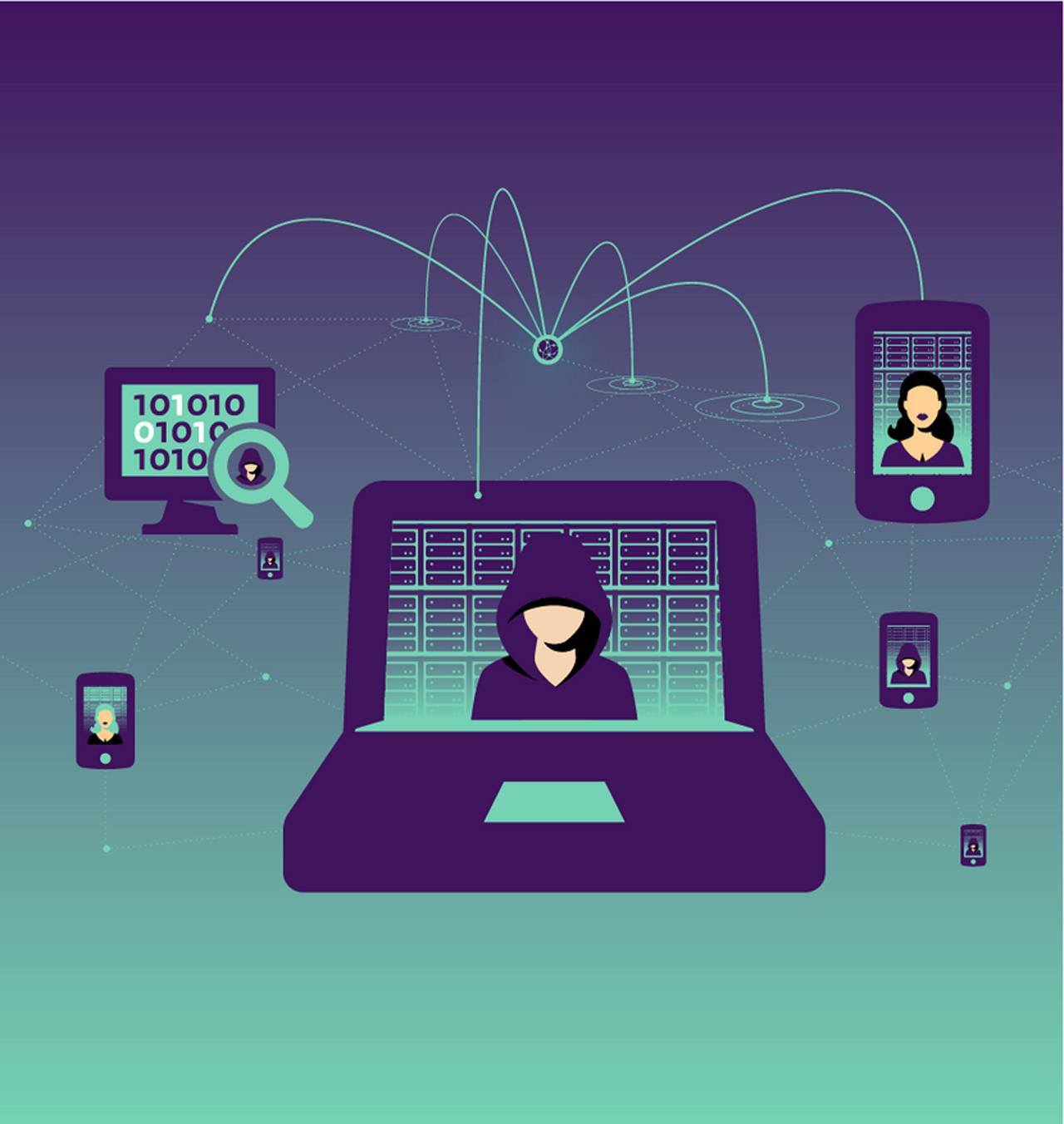 Een animatie van een hacker op een laptop. Er zijn ook mobiele telefoons en een pc-scherm afgebeeld.