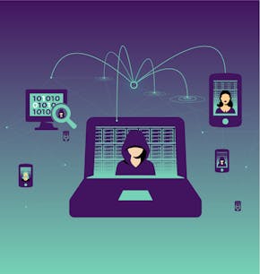 Een animatie van een hacker op een laptop. Er zijn ook mobiele telefoons en een pc-scherm afgebeeld.
