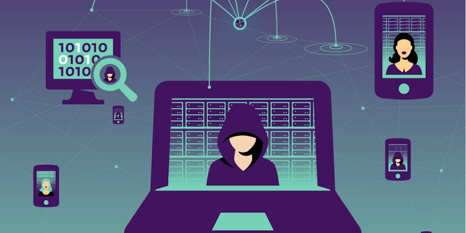 Een animatie van een hacker op een laptop. Er zijn ook mobiele telefoons en een pc-scherm afgebeeld.