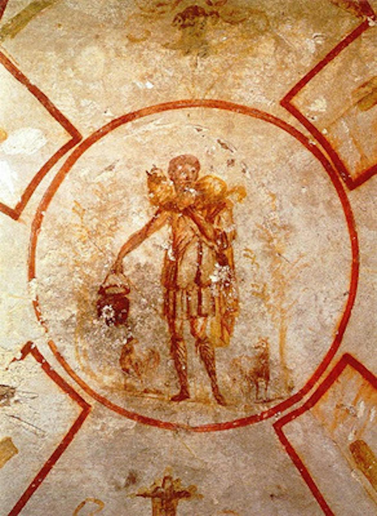 Een schilderij van Jezus die een mand en een schaap vasthoudt.