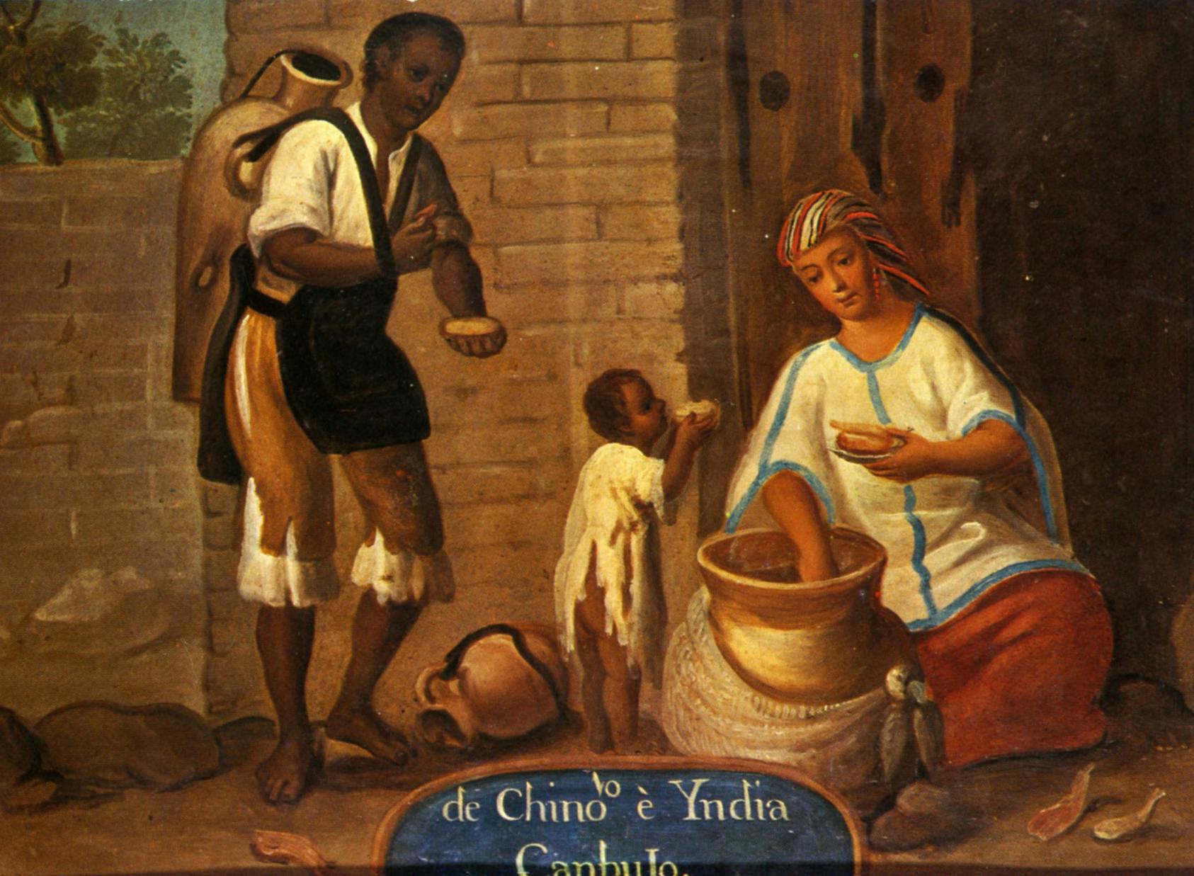 Een foto van een Canbujos gezin. Canbujos waren kinderen van Chinese en Indiaanse ouders.