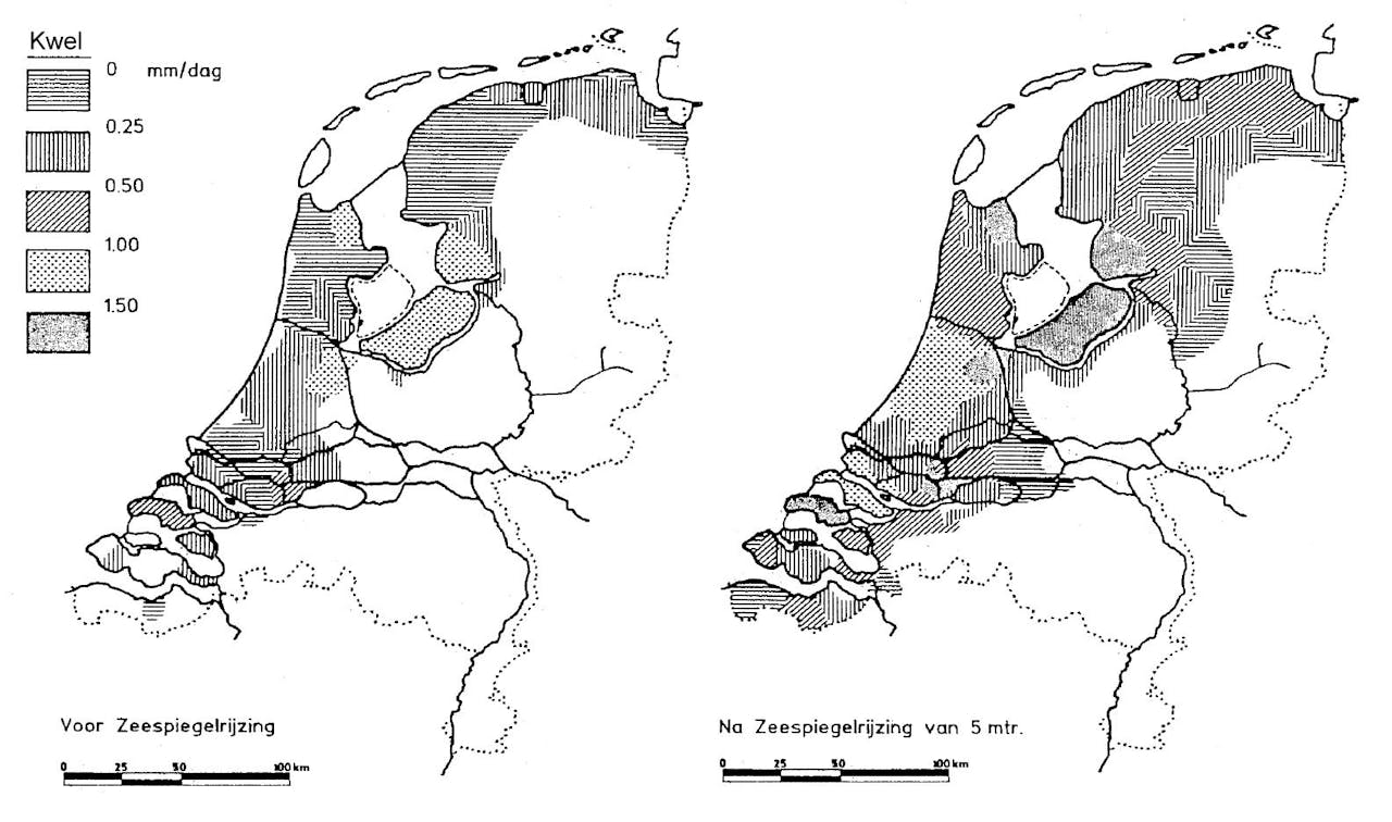 Twee kaarten van Nederland. Er wordt een vergelijking gemaakt van voor de zeespiegelrijzing en na de zeespiegelrijzing.