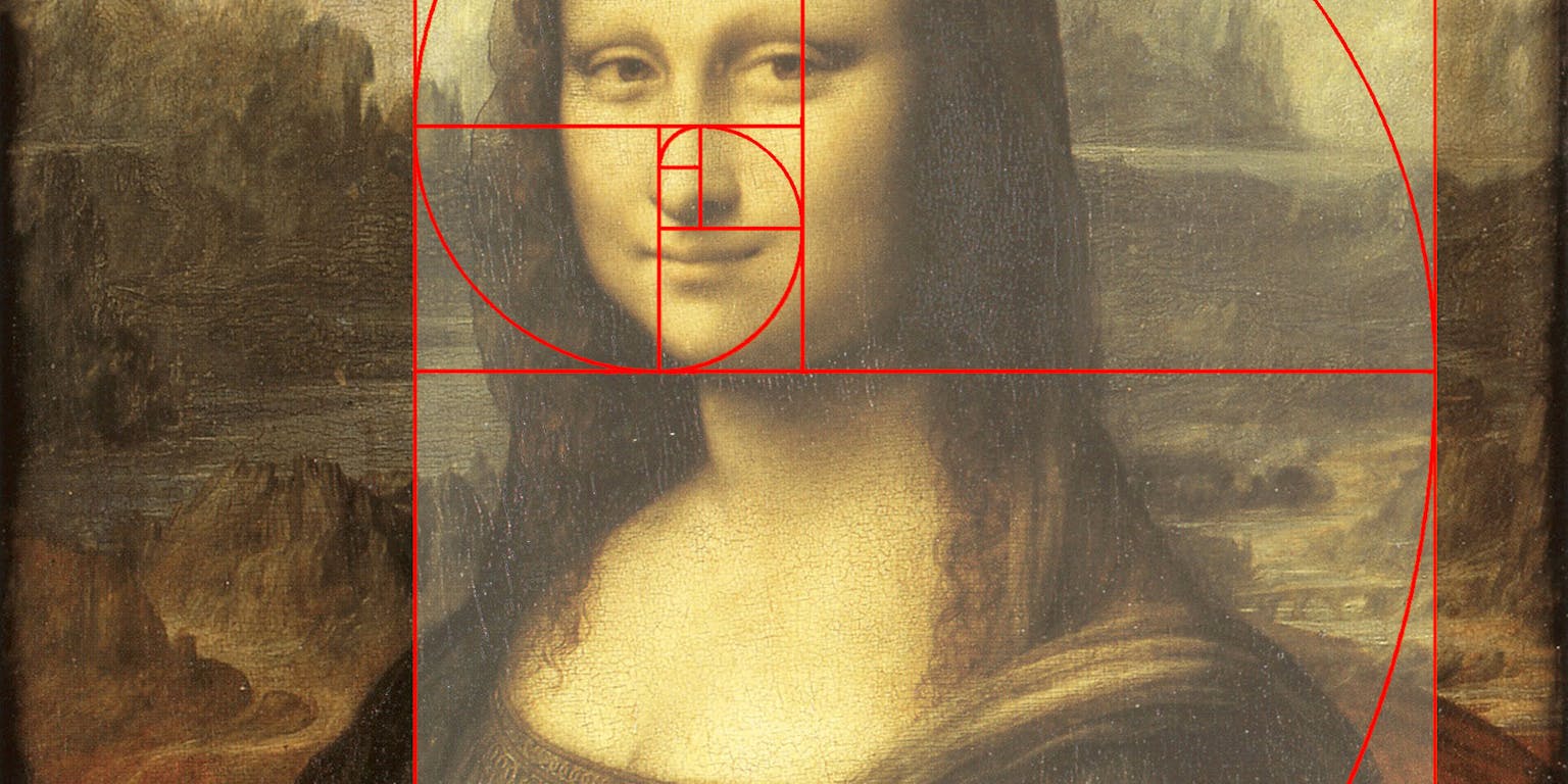 Mona Lisa van Leonardo da Vinci, waar de gulden snede rood gemarkeerd is.