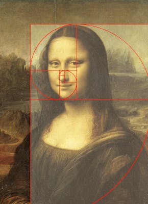 Mona Lisa van Leonardo da Vinci, waar de gulden snede rood gemarkeerd is.