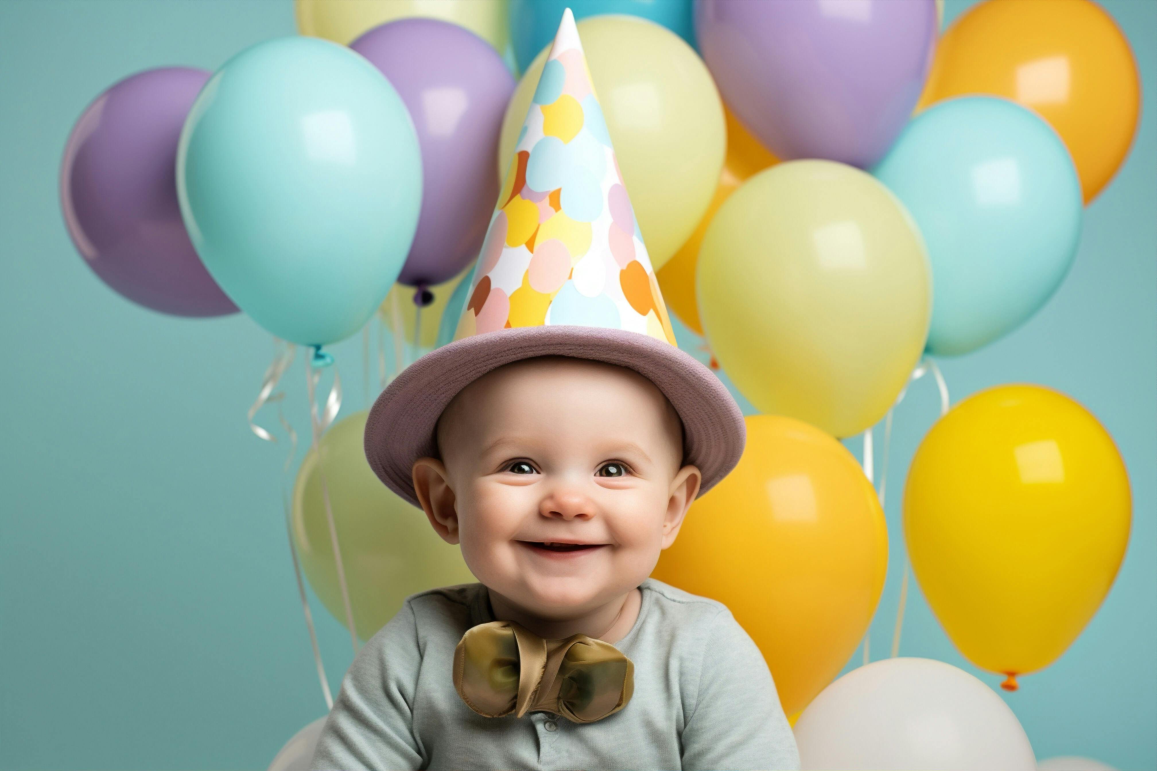 kleine jongen (1 of 2) viert feest met veel kleurrijke ballonen en feesthoedje op