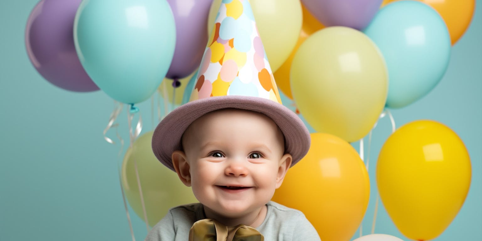 kleine jongen (1 of 2) viert feest met veel kleurrijke ballonen en feesthoedje op