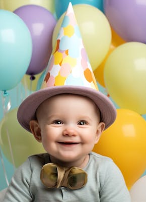 kleine jongen (1 of 2) viert feest met veel kleurrijke ballonen en feesthoedje op