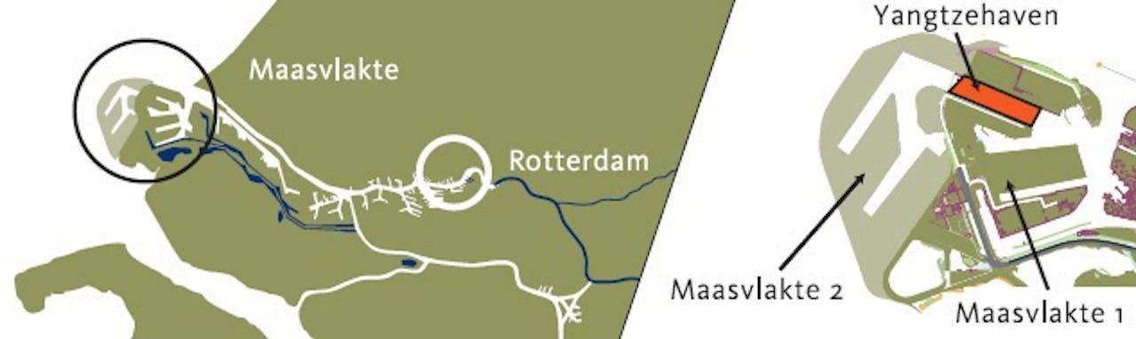 Kansrijke plekken voor archeologisch onderzoek lagen in de Yangtzehaven (het rode gebied). Ten tijde van de aanleg van Maasvlakte 2 was het nodig om deze haven te verdiepen en zo geschikt te maken voor toekomstige, nog grotere containerschepen die Maasvlakte 2 in de toekomst zullen aandoen.
