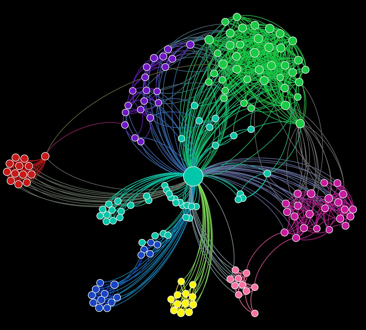 Schematische weergave van een geordend LinkedIn-netwerk. De grote stip in het midden visualiseert één persoon. Vanuit de grote stip lopen lijnen naar kleinere stippen: de connecties van die persoon. Deze connecties zijn in groepen verdeeld. Elke groep heeft een eigen kleur.