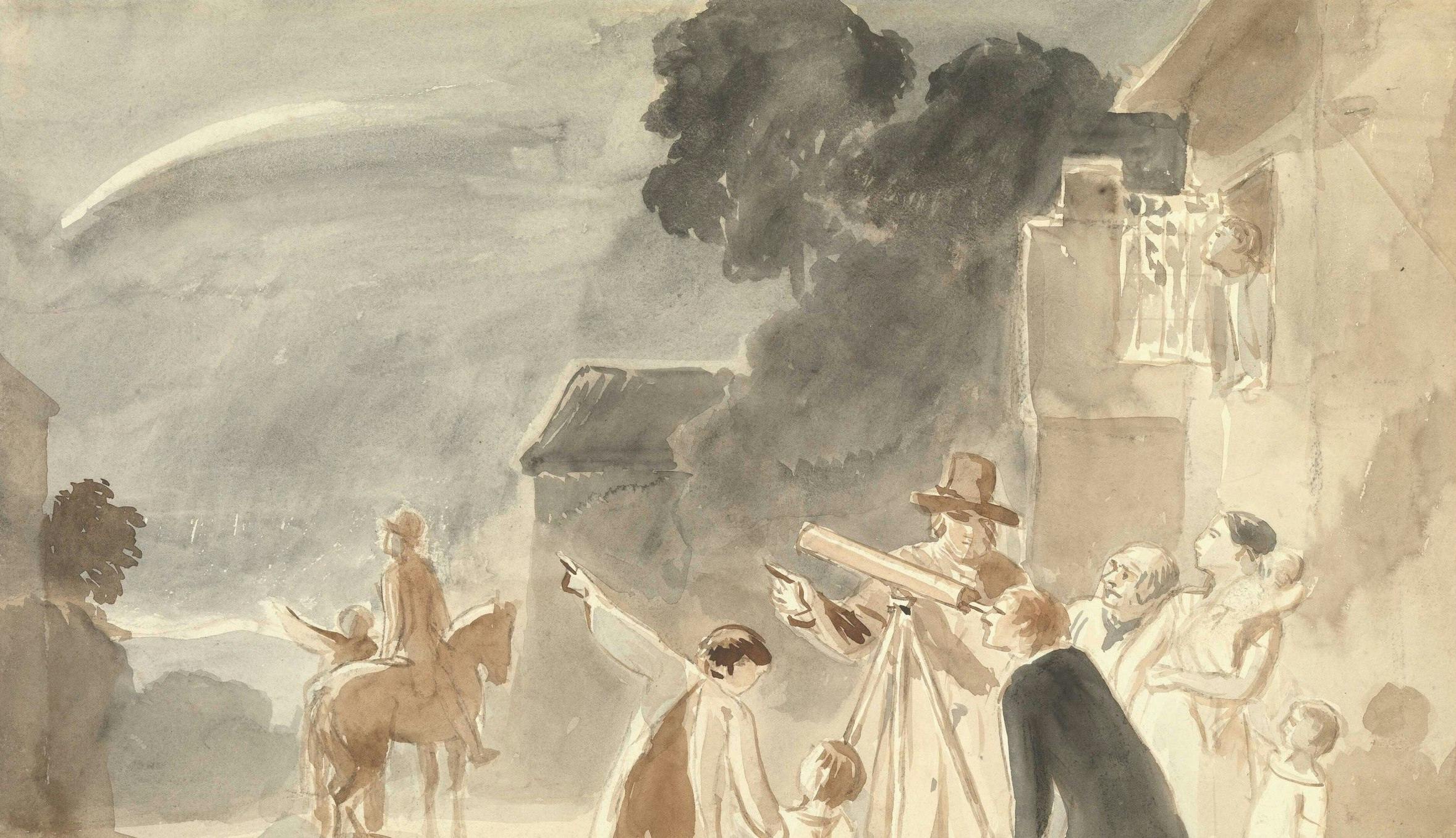 Een aquarelschilderij van een groep mensen voor een gebouw.