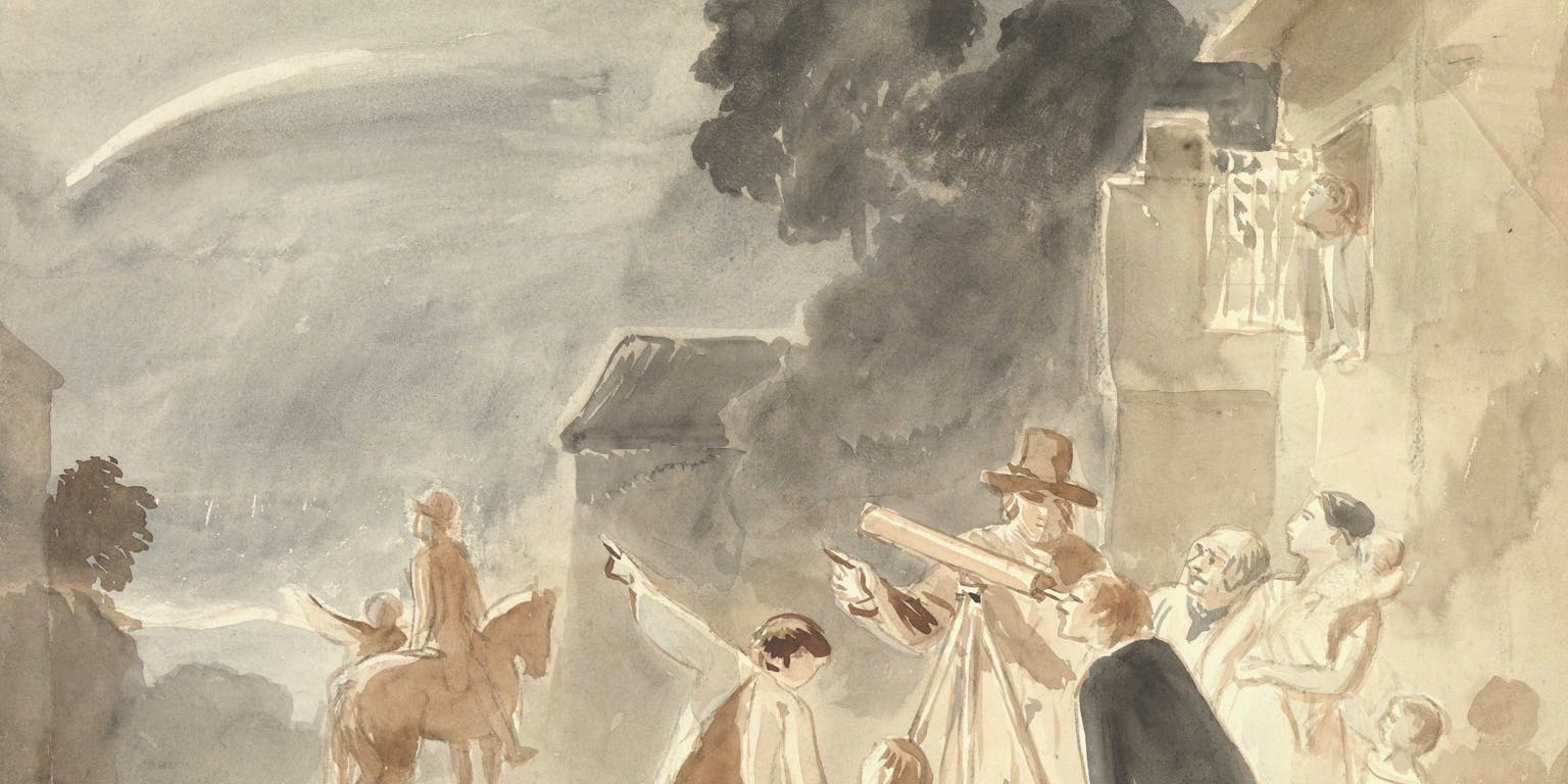 Een aquarelschilderij van een groep mensen voor een gebouw.