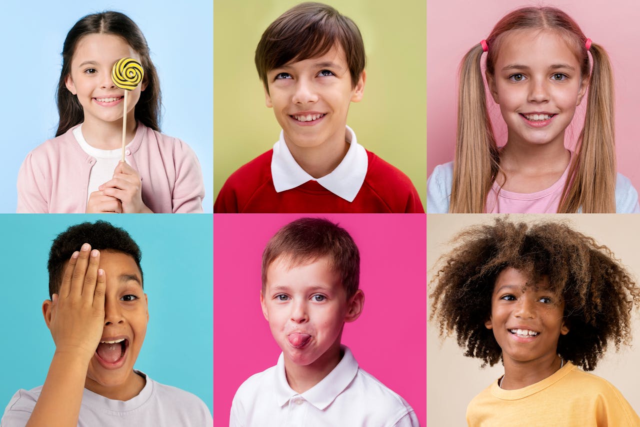 Kinderen in een collage die verschillende emoties tonen