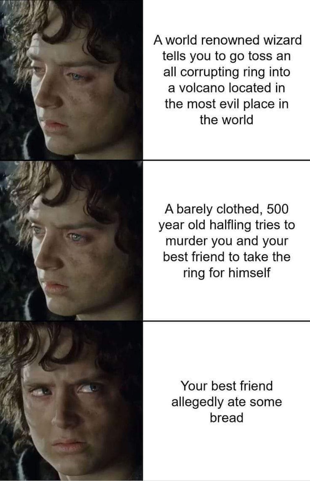 Meme met afbeeldingen uit de 'Lord of the Rings'-films.