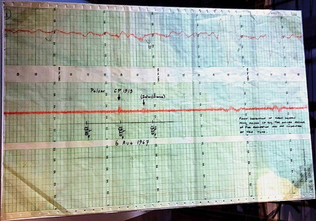 Een rol papier waarop een signaal van de allereerste pulsar CP1919 is te zien. Lichtblauw grafiekpapier, met daarom twee rode meetlijnen die van links naar rechts lopen. Met zwarte pen zijn er aantekeningen op het papier gemaakt.
