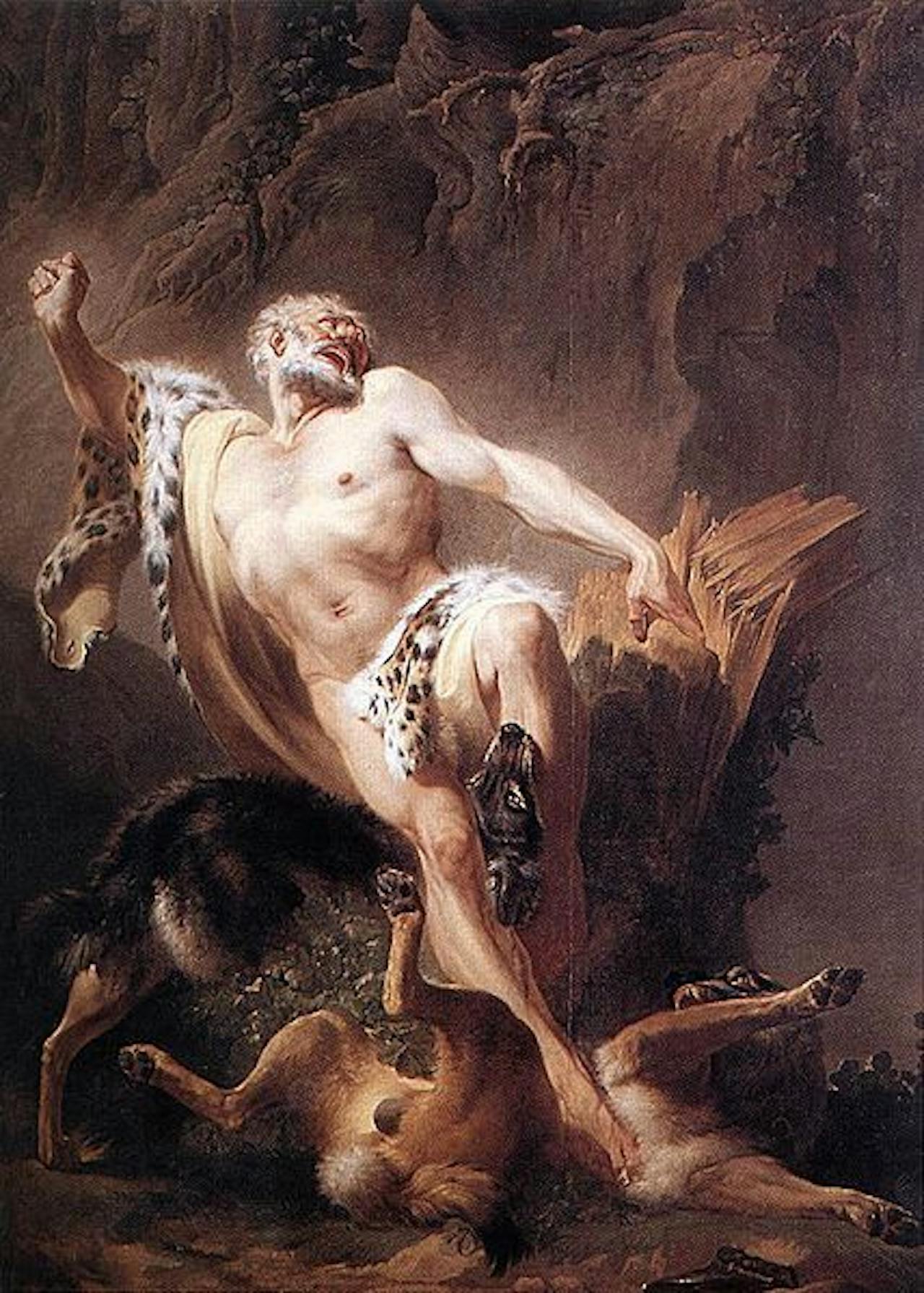 Een schilderij van Milo van Croton. Er is een man afgebeeld met twee wolven tussen zijn benen.