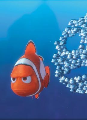 Nemo en Dory en een schaduw aan vissen op een blauwe achtergrond.