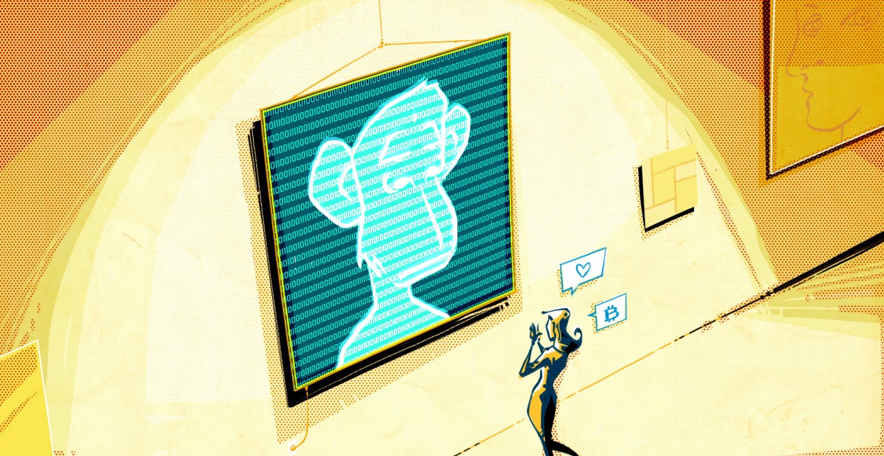 NFT's in de kunstwereld: een illustratie van een vrouw die naar een virtueel kunstwerk kijkt.