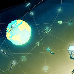 Een illustratie van iemand die vanuit de ruimte met zijn laptop met de wereld verbindt.