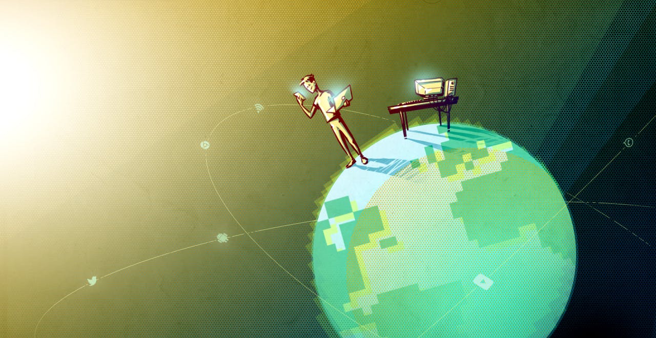 Een illustratie van een man bovenop de wereldbol, samen met zijn pc, laptop en telefoon.