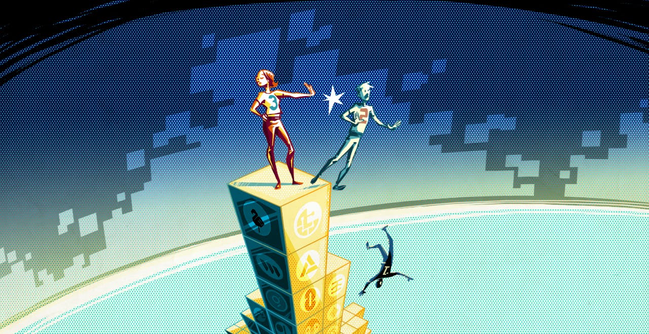 Een illustratie van een vrouw met nummer 3 op haar borst die iemand van de hoogste plek duwt.