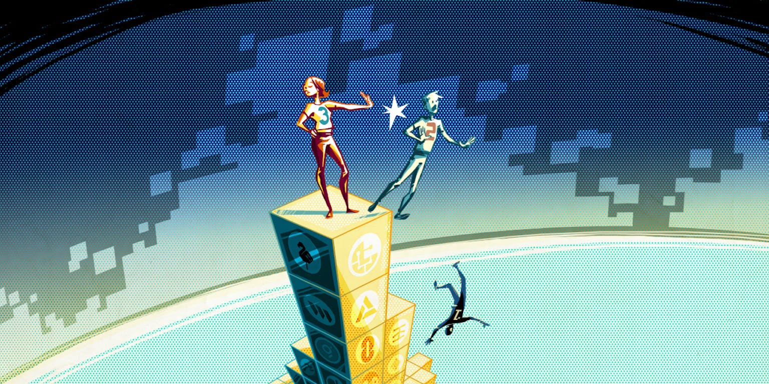 Een illustratie van een vrouw met nummer 3 op haar borst die iemand van de hoogste plek duwt.