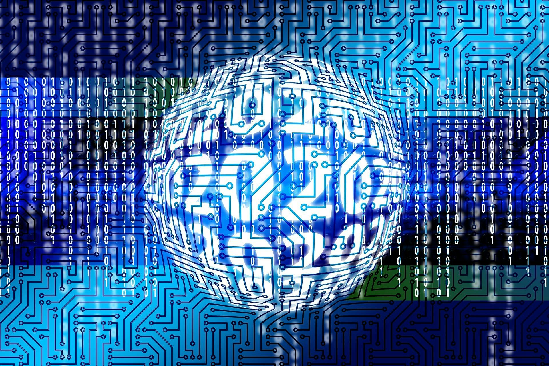 Een afbeelding van een computerchip met een wereldbol in het midden op een blauwe achtergrond.