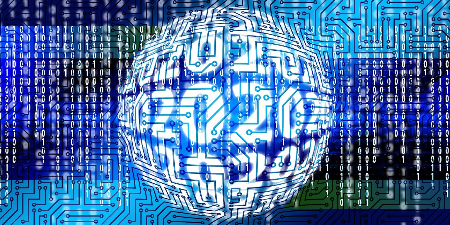 Een afbeelding van een computerchip met een wereldbol in het midden op een blauwe achtergrond.