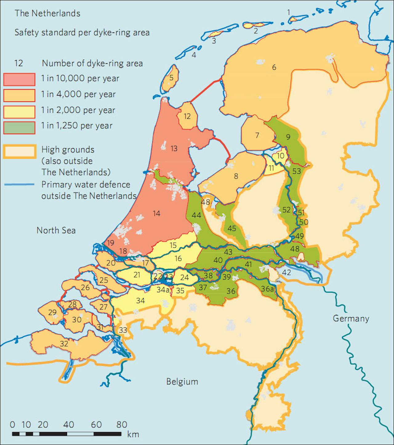 Een kaart van Nederland met de veiligheidsstand per dijk en gebied.