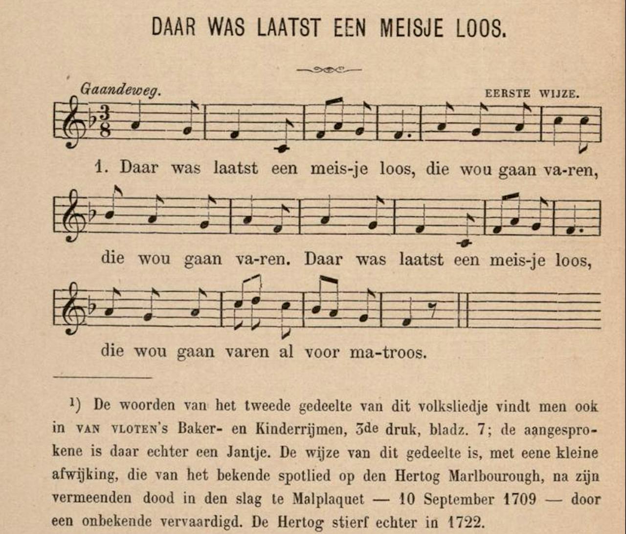 Liederen die een gemeenschappelijke melodie hebben behoren tot dezelfde melodieënfamilie. In de Nederlandse Liederenbank zijn ze aan elkaar gelinkt. Notenschrift van het liedje 'Daar was laatst een meisje loos'.