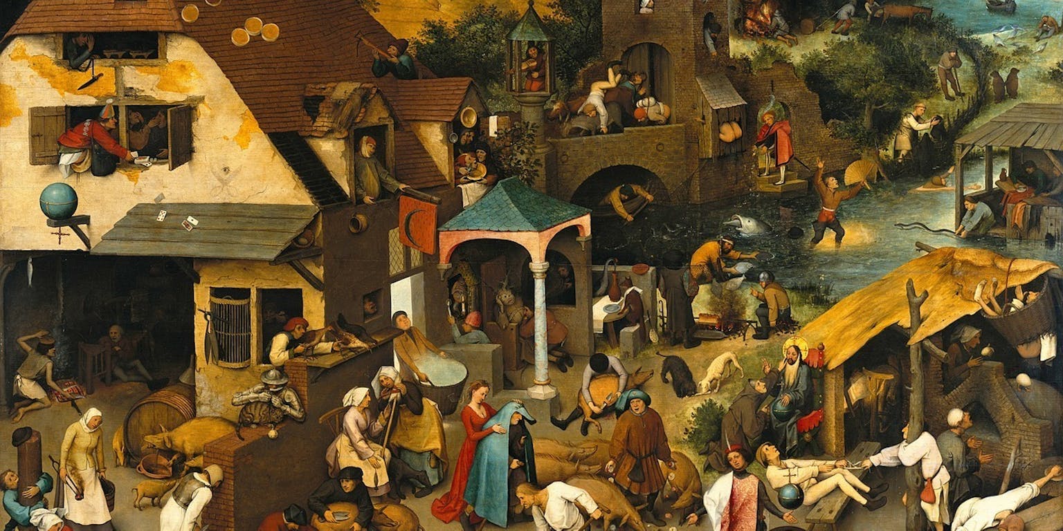 Een schilderij van een dorp waarin mensen druk aan het werk zijn.