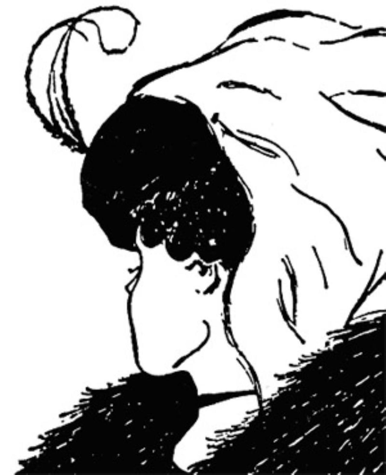 Een zwart-wit tekening van ene optische ilusie. Er kan een jonge vrouw met een hoed of een oude dame worden gezien in de tekening.