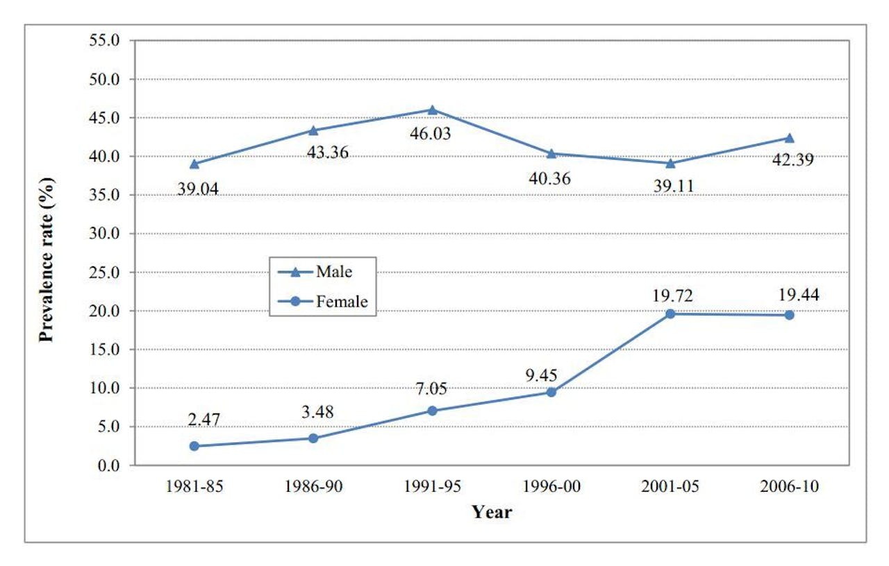 Het percentage Chinese jongeren dat wel eens gerookt heeft. Dit komt er vaak op neer, dat de jongere bezig is een dagelijkse roker te worden. Vooral de inhaalslag van meisjes is verheugend voor sigarettenfabrikanten.