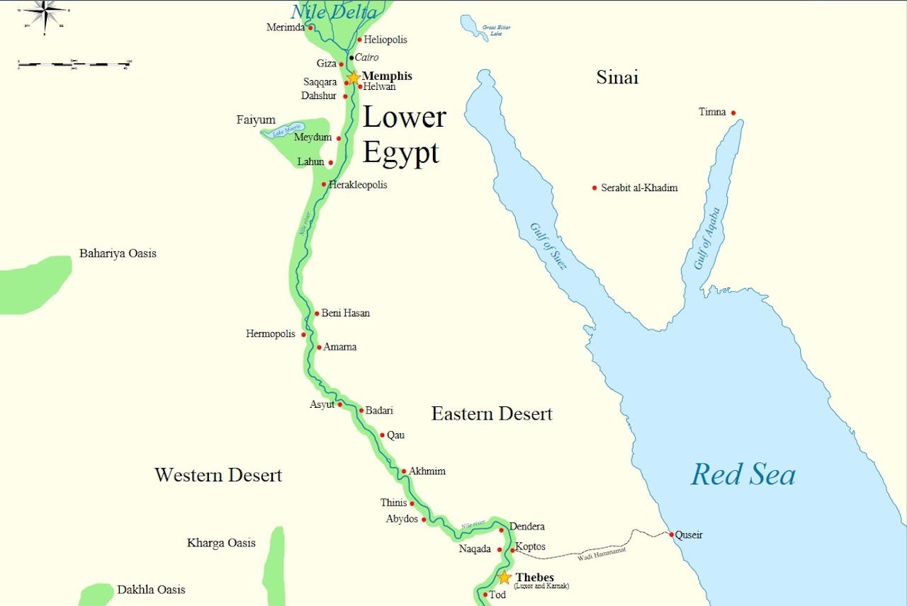 Het Oude Egypte, met linksonder de oase Dachla/ Dakhla en langs de Nijl Thebe en Memphis, van zuid naar noord. Detail uit kaart van het Oude Egypte